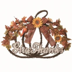 Wreaths-Kirkland's Home Give Thanks Plaid Bow Pumpkin Wreath Orange/Brown