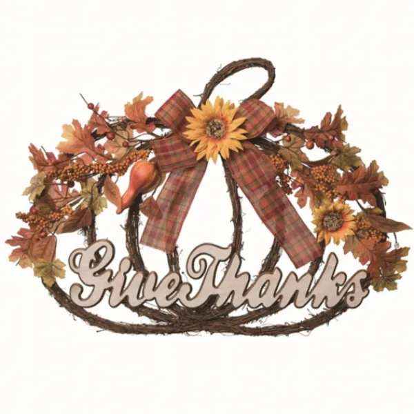 Wreaths-Kirkland's Home Give Thanks Plaid Bow Pumpkin Wreath Orange/Brown