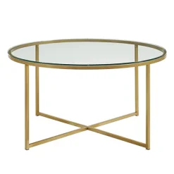 Coffee Tables-Kirkland's Home Glass & Gold X-Base Coffee Table Clear