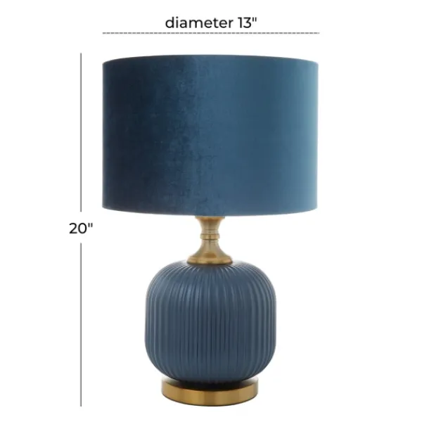 Table Lamps-Kirkland's Home Glass Base Round Velvet Shade Table Lamp Blue