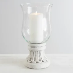 Candle Holders-Kirkland's Home Glass Hurricane With Petal Cement Base, 11 In. White