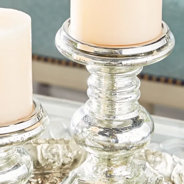 Candle Holders-Kirkland's Home Glass Ornate 2-Pc. Pillar Candle Holder Set Silver