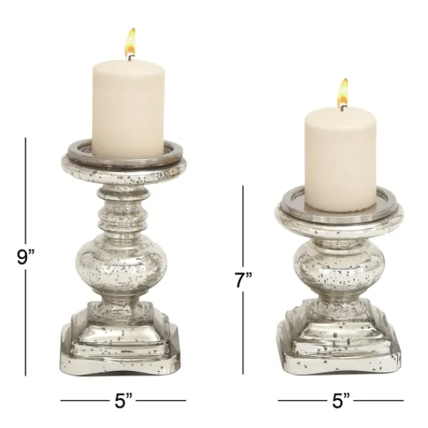 Candle Holders-Kirkland's Home Glass Ornate 2-Pc. Pillar Candle Holder Set Silver