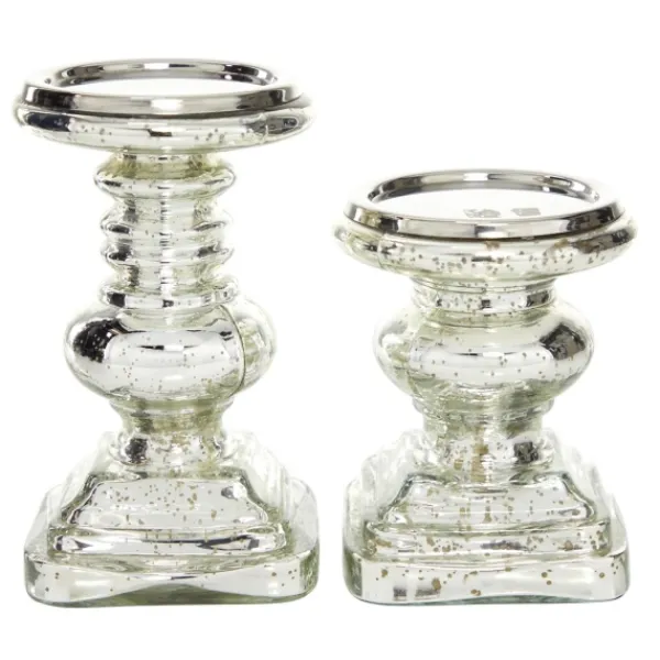 Candle Holders-Kirkland's Home Glass Ornate 2-Pc. Pillar Candle Holder Set Silver
