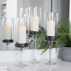 Candle Holders-Kirkland's Home Glass Stem Hurricanes, Set Of 3 Clear
