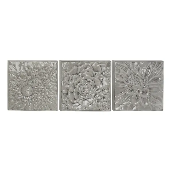 Wall Plaques-Kirkland's Home Glazed Iron Carved Floral Plaques, Set Of 3 Gray