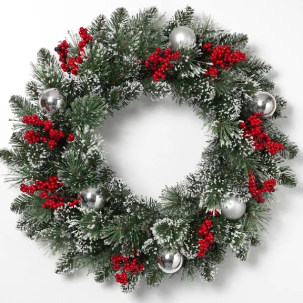 Wreaths-Kirkland's Home Glitter Pine Wreath With Berries And Ornaments Red/Green