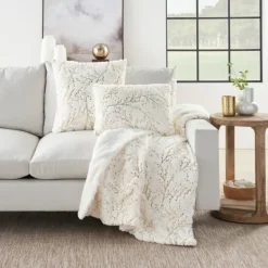 Pillows-Kirkland's Home Gold Branches Faux Fur Throw Pillow White/Gold