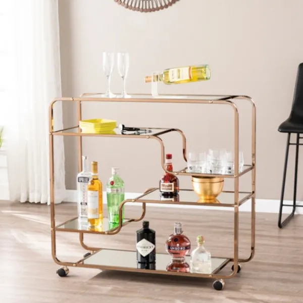Kitchen Islands & Bar Carts-Kirkland's Home Gold Curved Metal Mirrored Bar Cart
