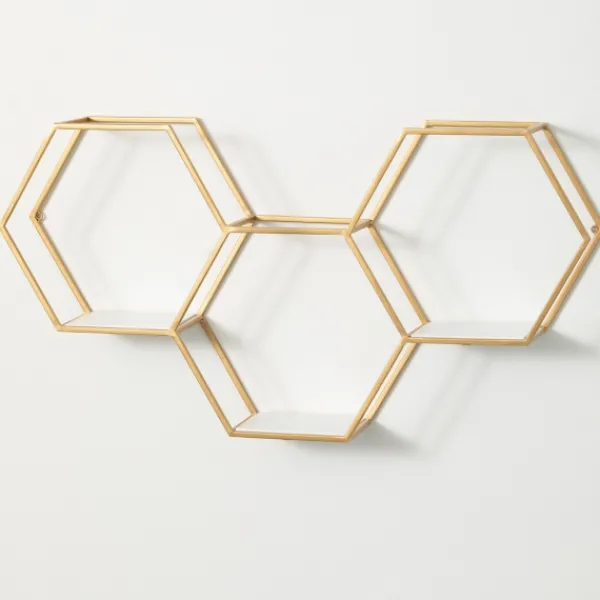 Shelves-Kirkland's Home Gold Hexagonal Metal Frame White Wall Shelf