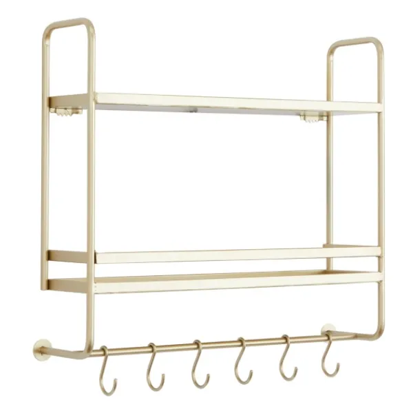Wall Storage-Kirkland's Home Gold Iron Frame Wall Shelf With Hooks
