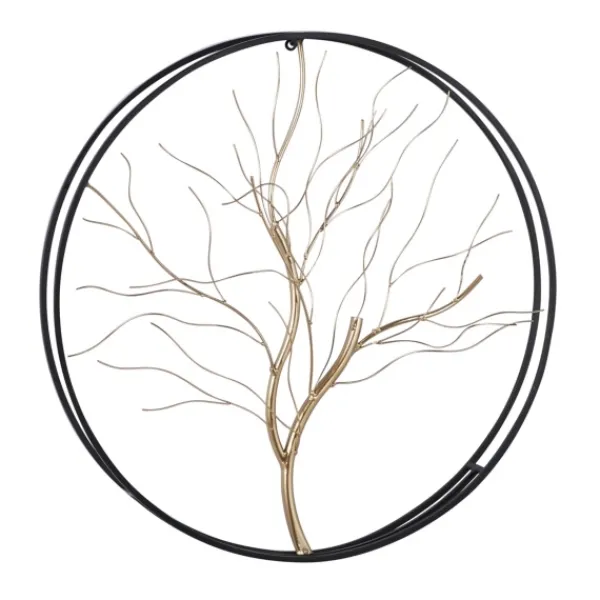 Wall Plaques-Kirkland's Home Gold Iron Leaf-Less Tree Round Frame Wall Plaque Black