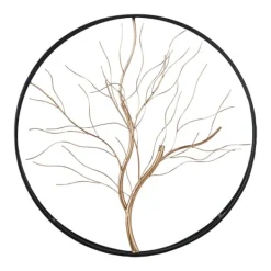 Wall Plaques-Kirkland's Home Gold Iron Leaf-Less Tree Round Frame Wall Plaque Black