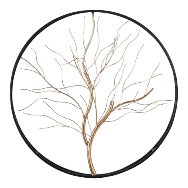 Wall Plaques-Kirkland's Home Gold Iron Leaf-Less Tree Round Frame Wall Plaque Black