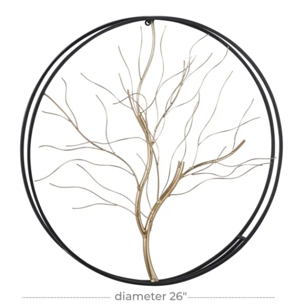 Wall Plaques-Kirkland's Home Gold Iron Leaf-Less Tree Round Frame Wall Plaque Black