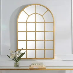Decorative Mirrors-Kirkland's Home Gold Leaf Metal Windowpane Arch Frame Mirror