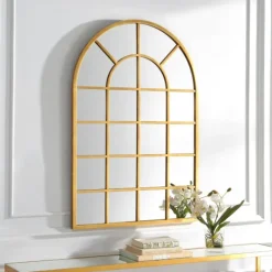 Decorative Mirrors-Kirkland's Home Gold Leaf Metal Windowpane Arch Frame Mirror