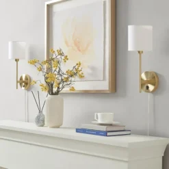 Sconces-Kirkland's Home Gold Metal & White Shade Wall Sconces, Set Of 2