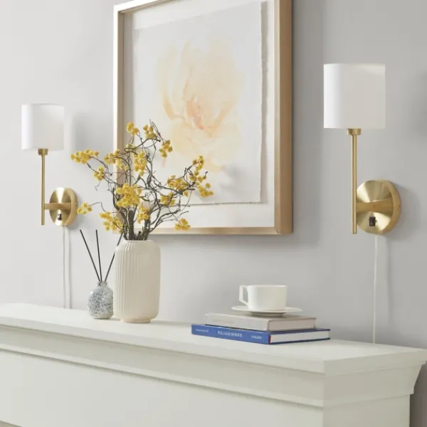 Sconces-Kirkland's Home Gold Metal & White Shade Wall Sconces, Set Of 2