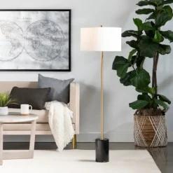 Floor Lamps-Kirkland's Home Gold Metal And Black Marble Base Floor Lamp White