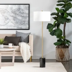 Floor Lamps-Kirkland's Home Gold Metal And Black Marble Base Floor Lamp White