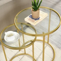 Accent & End Tables-Kirkland's Home Gold Metal And Glass Nesting 2-Pc Accent Table Set