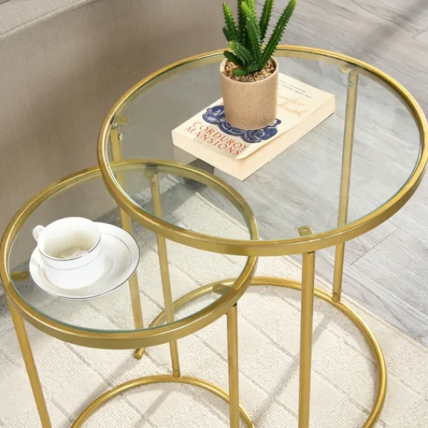 Accent & End Tables-Kirkland's Home Gold Metal And Glass Nesting 2-Pc Accent Table Set