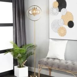 Floor Lamps-Kirkland's Home Gold Metal C-Curve Arch Arm Glass Shade Floor Lamp