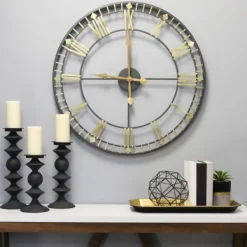 Clocks-Kirkland's Home Golden Open Face Industrial Wall Clock
