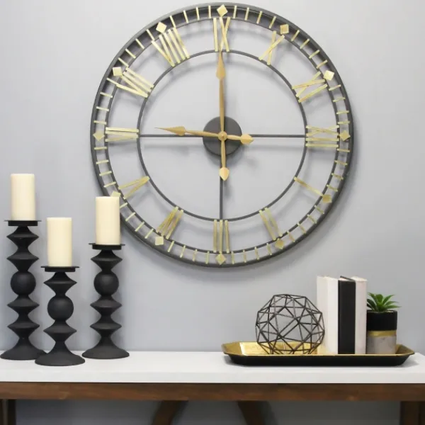 Clocks-Kirkland's Home Golden Open Face Industrial Wall Clock