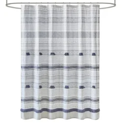 Shower Curtains-Kirkland's Home Gray And Navy Striped Fringe Shower Curtain Gray/Blue
