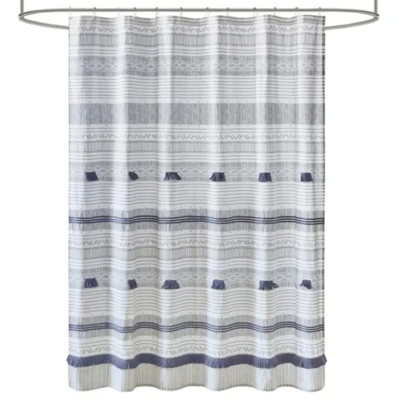 Shower Curtains-Kirkland's Home Gray And Navy Striped Fringe Shower Curtain Gray/Blue