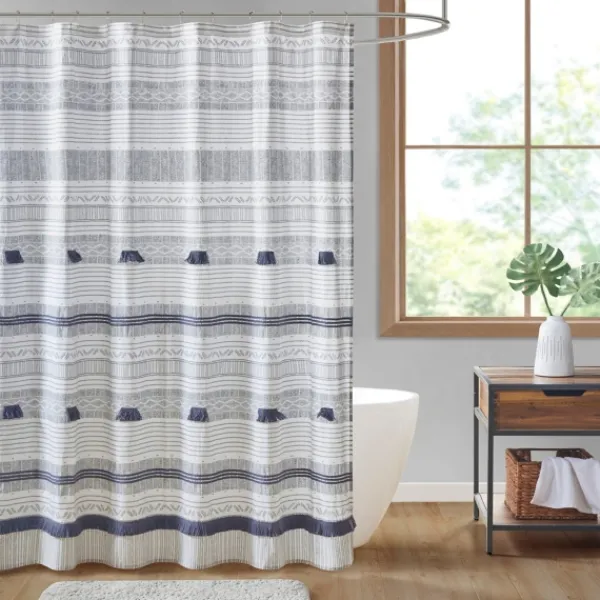 Shower Curtains-Kirkland's Home Gray And Navy Striped Fringe Shower Curtain Gray/Blue