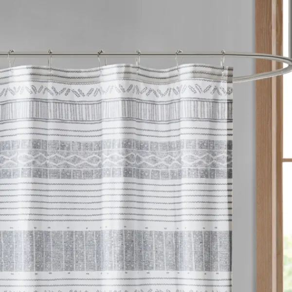 Shower Curtains-Kirkland's Home Gray And Navy Striped Fringe Shower Curtain Gray/Blue