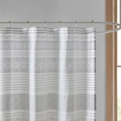 Shower Curtains-Kirkland's Home Gray And Navy Striped Fringe Shower Curtain Gray/Blue