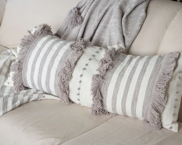 Pillows-Kirkland's Home Gray And White Striped Fringe Lumbar Pillow Gray/White