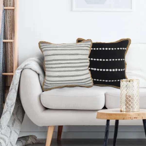 Pillows-Kirkland's Home Gray And White Stripped Jute Border Accent Pillow Gray/White/Tan