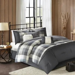 Comforters-Kirkland's Home Gray Buffalo Herringbone Queen 7-Pc. Comforter Set Gray/White/Blue