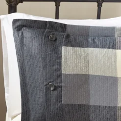 Comforters-Kirkland's Home Gray Buffalo Herringbone Queen 7-Pc. Comforter Set Gray/White/Blue