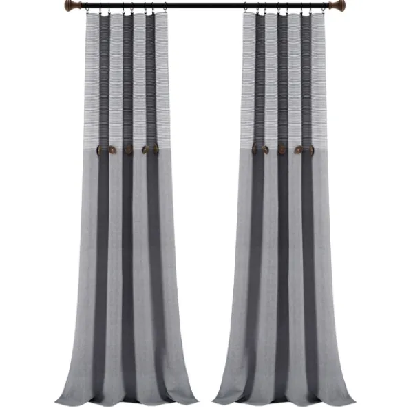 Curtains & Drapes-Kirkland's Home Gray Button And Stripe Curtain Panel Set, 95 In. Gray/White