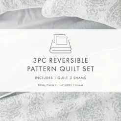 Quilts-Kirkland's Home Gray Damask Reversible 3-Pc. Queen Quilt Set Gray/White
