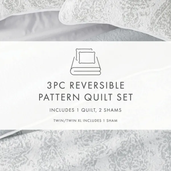 Quilts-Kirkland's Home Gray Damask Reversible 3-Pc. Queen Quilt Set Gray/White