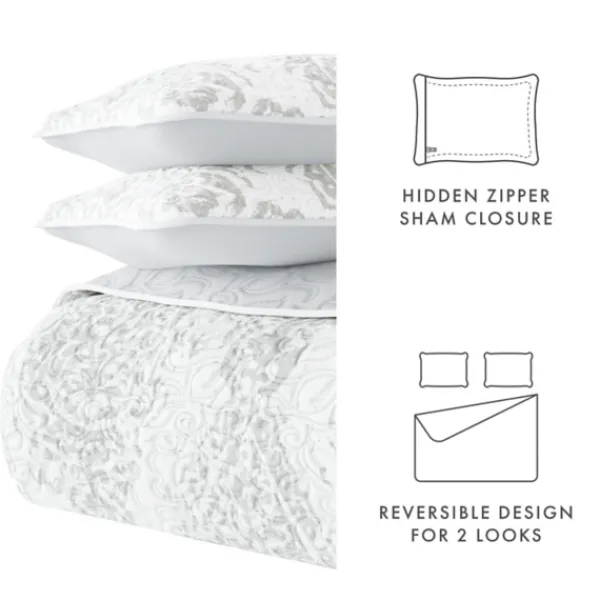 Quilts-Kirkland's Home Gray Damask Reversible 3-Pc. King Quilt Set Gray/White