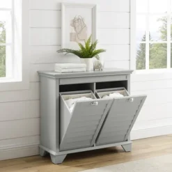 Bathroom Furniture-Kirkland's Home Gray Double Linen Hamper