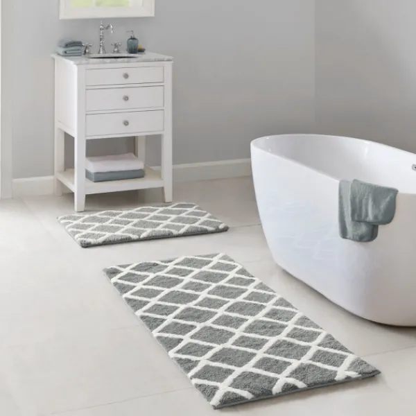 Bathroom Rugs-Kirkland's Home Gray Geometric Pattern Reversible Bath Mat, 34 In. Gray/White