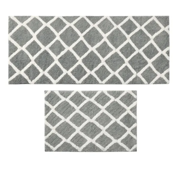 Bathroom Rugs-Kirkland's Home Gray Geometric Pattern Reversible Bath Mat, 60 In. Gray/White