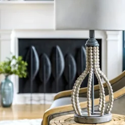 Table Lamps-Kirkland's Home Gray Iron And Rattan Beaded Table Lamp White