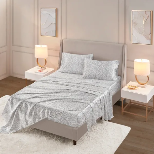 Bed Sheets-Kirkland's Home Gray Leopard Print Satin 4-Pc. Full Sheet Set White/Gray