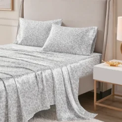 Bed Sheets-Kirkland's Home Gray Leopard Print Satin 4-Pc. Full Sheet Set White/Gray