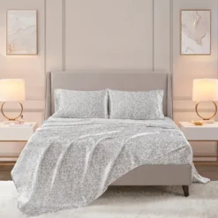 Bed Sheets-Kirkland's Home Gray Leopard Print Satin 4-Pc. King Sheet Set White/Gray